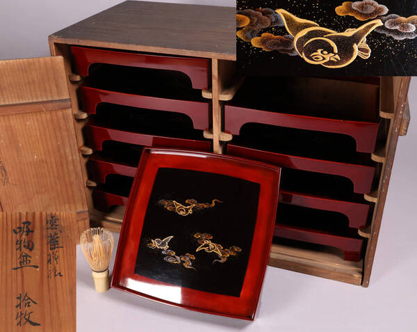 【MA700】時代 木製漆器 雲雀蒔絵 吸物盆 十客 幅24cm 金蒔絵 研出 梨地 黒塗 溜塗 足付 四方膳 懐石 会席 宴席 漆芸 鳥