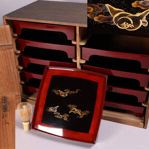 【MA700】時代 木製漆器 雲雀蒔絵 吸物盆 十客 幅24cm 金蒔絵 研出 梨地 黒塗 溜塗 足付 四方膳 懐石 会席 宴席 漆芸 鳥