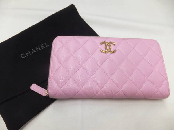 CHANEL ラウンドファスナー長財布マトラッセ キャビアスキン 2023年春夏ピンク×ライトグリーン メッシュゴールドココマーク AP3181