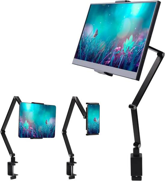 2024最新 モバイルモニタースタンド スマホ タブレット アーム スタンド 折り畳み式 強化アルミ製 耐荷重1.5kg クランプ式 (ブラック)