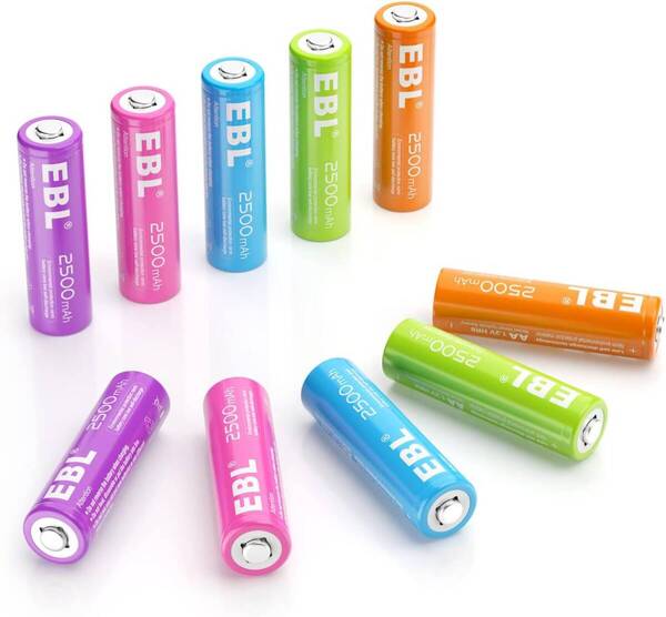 EBL 単3充電池 カラフル充電式 ニッケル水素電池 2500mAh 充電電池10本入り ケース付き AA充電池 ソーラー単三電池セット