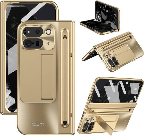 ケース 手帳型 Google Pixel 9 Pro Fold / 10 Pro Fold 携帯全面保護+強化ガラスフィルム+ヒンジ保護 メタルレンズカバー 薄型 軽量 - 金