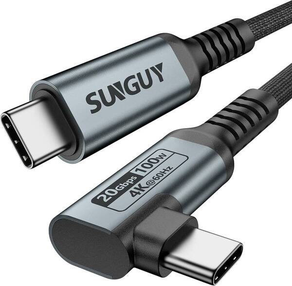 SUNGUY USB-C & USB-C ケーブル L字 2M 20Gbps高速データ転送 100W PD急速充電 4K@60Hz映像出力 USB3.2 Gen2x2 タイプC対応 2m グレー