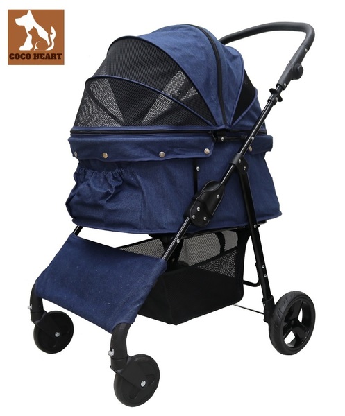 在庫調整の為大特価!耐荷重30kg!ココハート 4輪ペットカート/ペットバギー 甘えん坊バギーBIG デニム 中型犬 多頭飼い