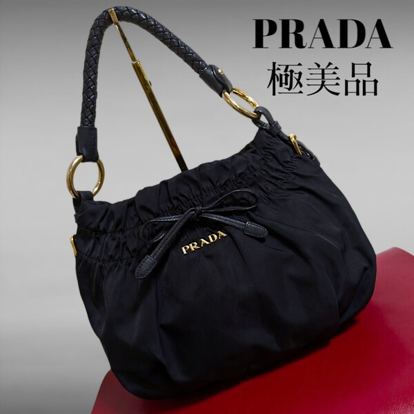 極美品 PRADA ショルダーバッグ 肩掛け ギャザー リボン ブラック ゴールド プラダ ナイロン レザー 美品 レディース バッグ 正規品
