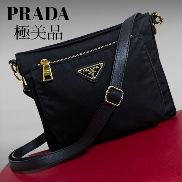 極美品 PRADA ショルダーバッグ 斜め掛け ブラック ナイロン サフィアーノプラダ 美品 ゴールド レディース バッグ 正規品