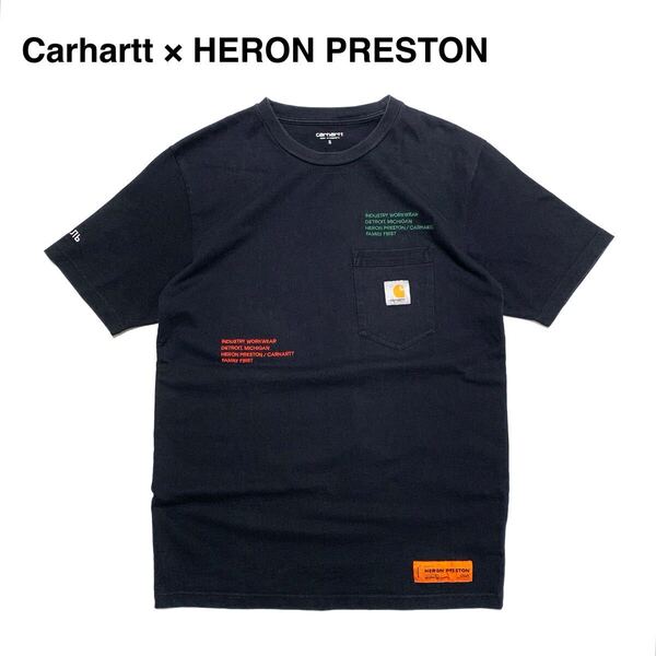 ☆良品 カーハート × ヘロンプレストン コラボ 刺繍ロゴ クルーネック Tシャツ 黒 ポケT 古着 ヴィンテージ vintage 半袖 カットソー