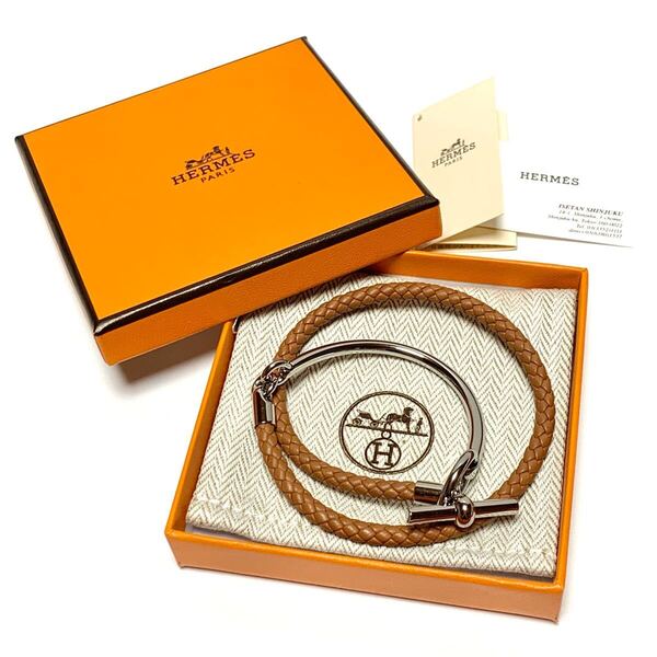 ☆美品 HERMES エルメス グレナン Hリンク レザー シルバー ブレスレット バングル イタリア製 アクセサリー シェーヌダンクル