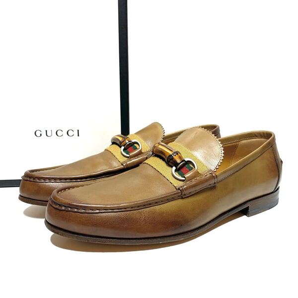 ☆良品 GUCCI グッチ シェリーライン レザー バンブー ビットローファー ドレスシューズ イタリア製 革靴 ビジネスシューズ スリッポン
