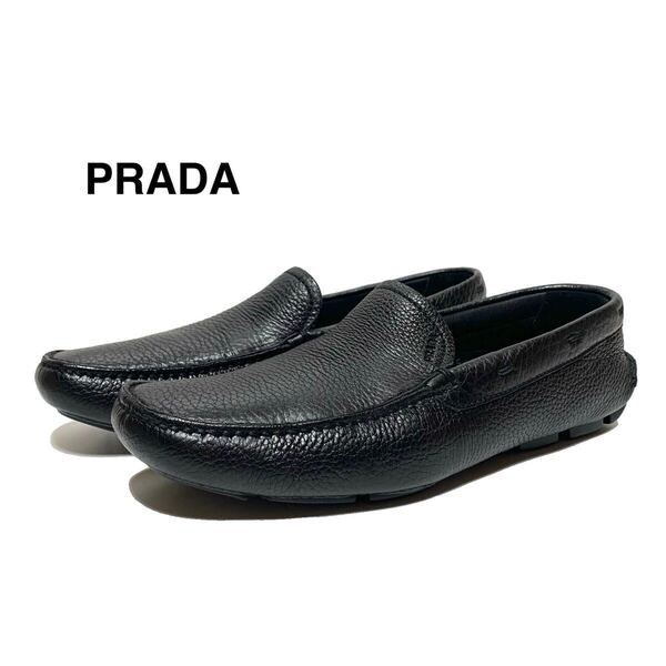 ☆良品 PRADA プラダ シュリンクレザー ロゴ ドライビングシューズ 黒 イタリア製 革靴 ローファー モカシン スリッポン ユニセックス