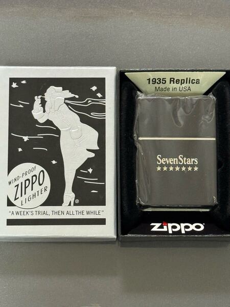 zippo セブンスター 1935レプリカ 限定品 Seven Stars 2023年製 外ヒンジ 3連シルバーライン シリアルナンバー NO.0275 ケース 保証書