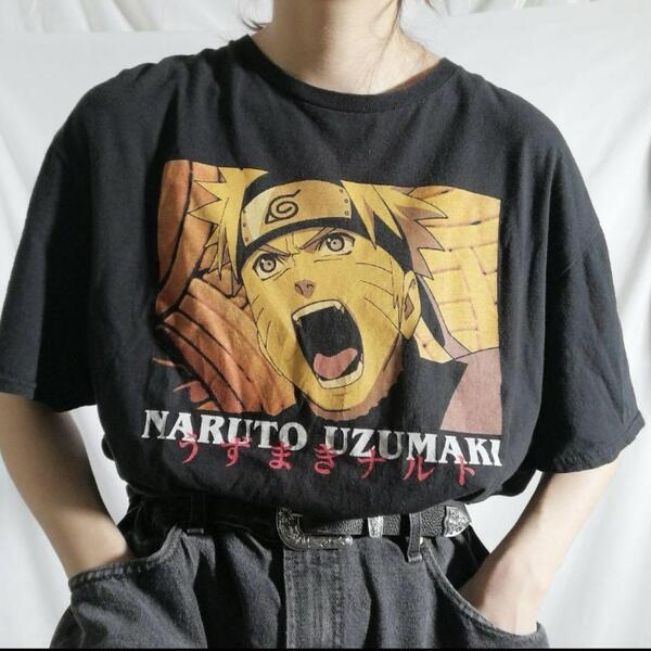 古着 ナルト NARUTO疾風伝 うずまきナルト キャラクタープリントTシャツ NARUTO UZUMAKI アニメ ムービーT メンズ XL ブラック 黒 / 1624