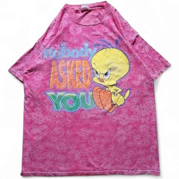 古着 90s LOONEY TUNES Tweety Vintage T-Shirt USA製 ルーニーテューンズ 花柄 キャラクターTシャツ トゥイーティー XL ピンク / 1578