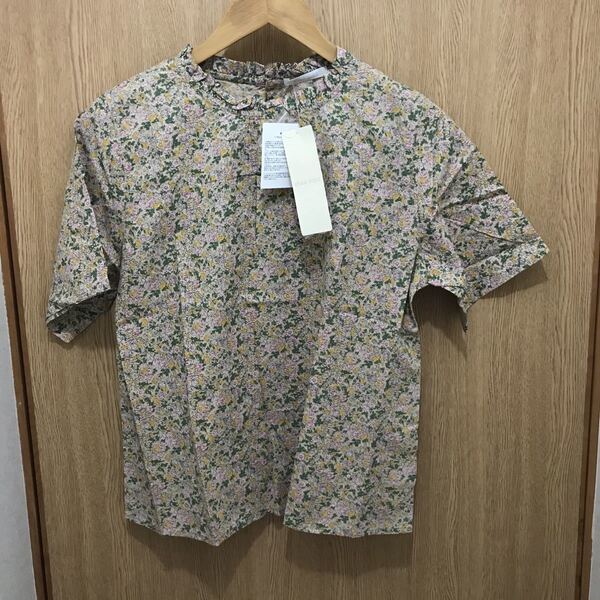 新品 タグ付き ehka sopo エヘカソポ 花柄 フリル衿ブラウス 半袖 シャツ ベージュ フリーサイズ 綿100% インド綿