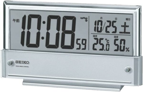 SEIKO セイコー 電波クロック 目覚まし時計 カレンダー 温度/湿度表示 銀色