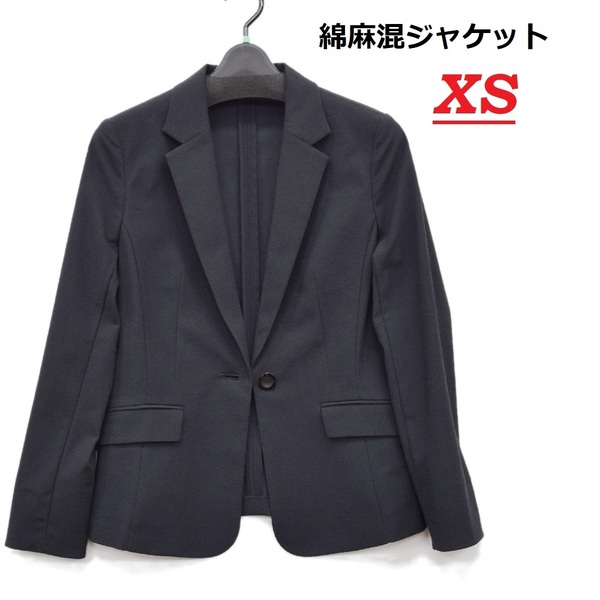 春夏 ジャケット 黒 XS ポリエステル リネン コットン ストレッチ テーラードジャケット 麻混 綿混