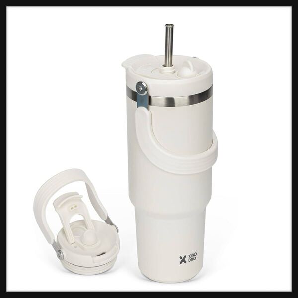 【開封のみ】SKIASE★タンブラー ストロー付き 900ml 水筒 大容量 ウォーターボトル 真空断熱 保温 保冷 ステンレスボトル 広口 直飲み
