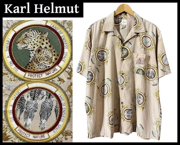 送無 希少柄 Karl Helmut カールヘルム 動物 アニマル 総柄 チーター シマウマ ゾウ エンブレム 半袖 ハワイアン アロハ サファリ シャツ M