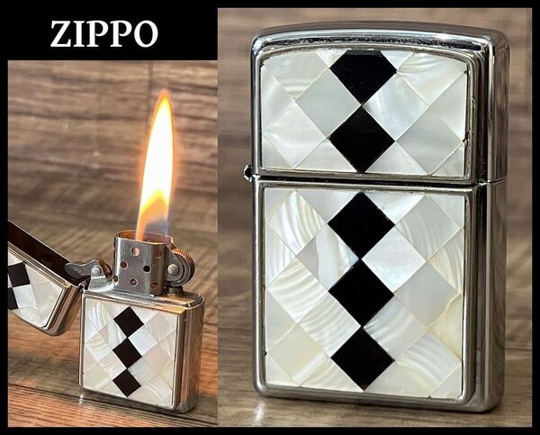 送料無料 着火確認済 USA製 ZIPPO ジッポー ジッポ 2003年製 シェル × オニキス ダイヤカット インレイ 装飾 オイル ライター