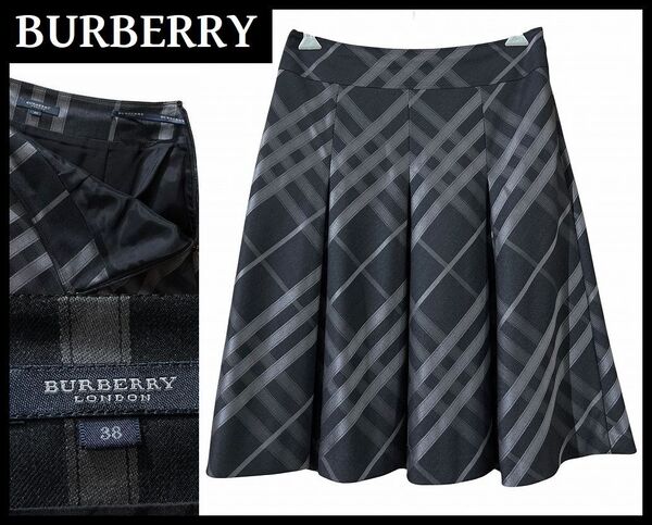 送無 BURBERRY LONDON バーバリー ロンドン 日本製 三陽商会 FX021-059-09 毛絹 ウール シルク 混 チェック ストライプ プリーツ スカート