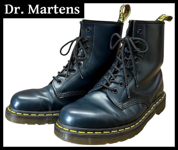 送無 希少カラー ネイビー 美品 Dr.Martens ドクターマーチン 1460 イエローステッチ スムース レザー レースアップ 8ホール ブーツ 紺 UK8