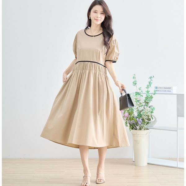 新品☆ワンピース M〜L 配色パイピング バルーンスリーブ レディース 半袖 きれいめ 上品 オシャレ 夏/ベージュ/N82-314