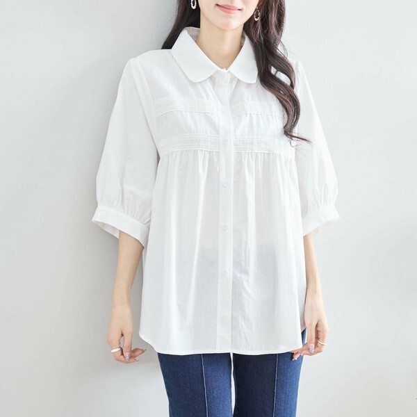 新品☆M〜L コットン ブラウス ふんわり袖 レディース チュニック 綿 布帛 ギャザー かわいい 夏/ホワイト 白/N72-238