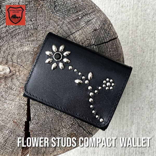 【新品】栃木レザー コンパクト財布 ミニ財布 スタッズ財布 二つ折り財布 メンズ財布 wallet 小さい財布 本革 ブラック ※送料無料