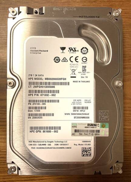 【状態◎】Seagate シーゲート Enterprise Capacity 3.5 シリーズ ST2000NM0008 3.5インチ HDD 2TB(エンタープライズ向けHDD/HP OEM品)