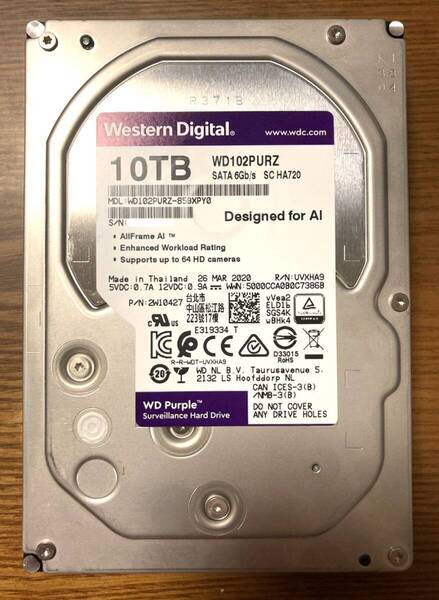 【状態◎】Western Digital WD Purple WD102PURZ 3.5インチHDD 10TB(監視システム・各種ビデオ用途に最適な大容量HDD)