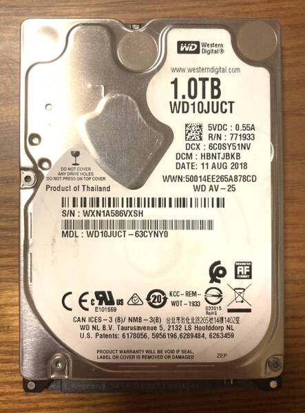 【状態◎】Western Digital ウェスタンデジタル WD10JUCT 2.5インチ HDD 1TB(常時稼働に優れたHDD)