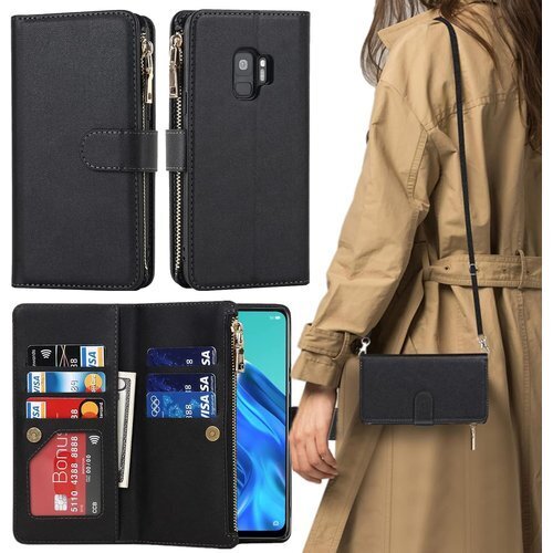 Galaxy S9 ケース 手帳型 ショルダー クロス ィケース カード入れ スマホケース 携帯カバー ブラック 213