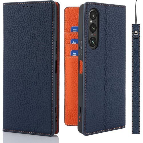Xperia 1 V ケース手帳型 XQ-DQ44 S ップ付 ヘッドフォンケーブル 耐衝撃 6色選択 ネイビー 613