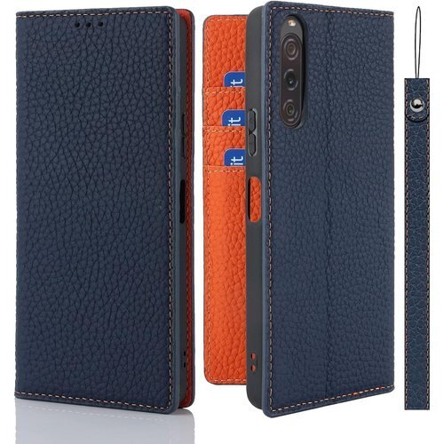 Xperia 10 V ケース手帳型 SO-52D/ ップ付 ヘッドフォンケーブル 耐衝撃 6色選択 ネイビー 614