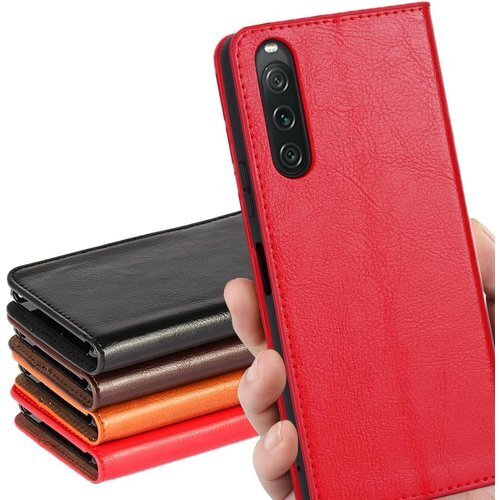Xperia 10 V ケース 手帳型 マグネット無 機能 光沢加工 牛革 レザー 財布型 カード入れ レッド 659