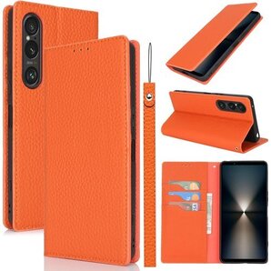 For Xperia 1 VI ケース手帳型 SO-5 ー ストラップ付 ヘッドフォンケーブル 耐衝撃 オレンジ 930
