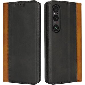 Xperia 1 VI ケース 手帳型 Xperia 携帯カバー 落ち着いた色 2色組合せ レトロ ブラック 952