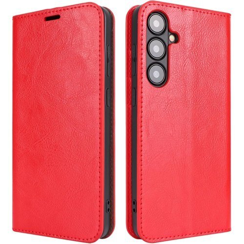 Galaxy S24 ケース 手帳型 マグネット無し 機能 光沢加工 牛革 レザー 財布型 カード入れ レッド 953