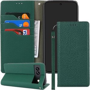 Google pixel8a レイシ紋様本革 ケース カードスロット、キックスタンド レザー ダークグリーン 1181