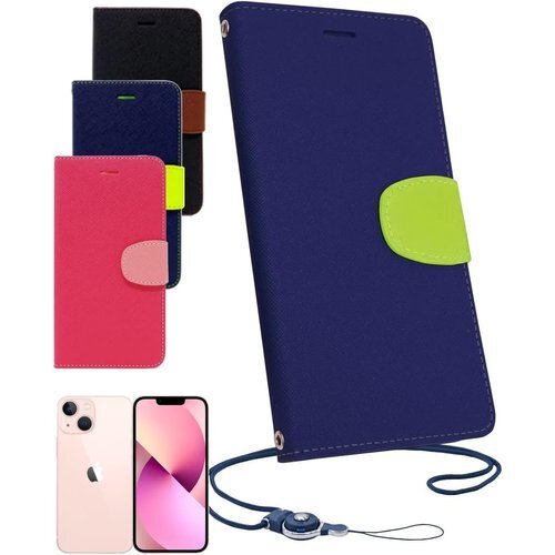 シズカウィル iPhone 13 mini 用 手帳型 Y ワンタッチ着脱 ストラップ付 スマホケース 紺×黄緑 823