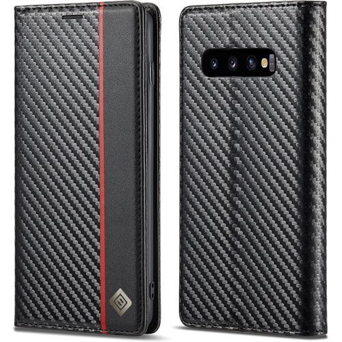 ZTOFERA Samsung Galaxy S10 耐久性 便利 炭素繊維テクスチャ 携帯ケース 赤い縦線 2237