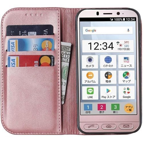 シンプルスマホ4 ケース 手帳型 シンプルスマホ4 カ カードスロット、キックスタンド レザー ローズゴールド 2431