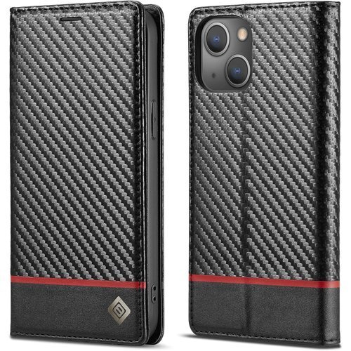 ZTOFERA iPhone 15 ケース 手帳型 i 耐久性 便利 炭素繊維の質感 フリップケース 赤い横線 2502