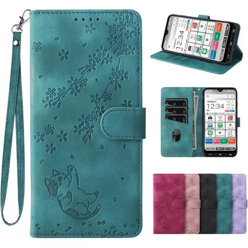 laddutoi FOR かんたんスマホ3 ケース a でかわいい猫柄 防塵 高質感 財布型 さくらと猫ーブルー 2573