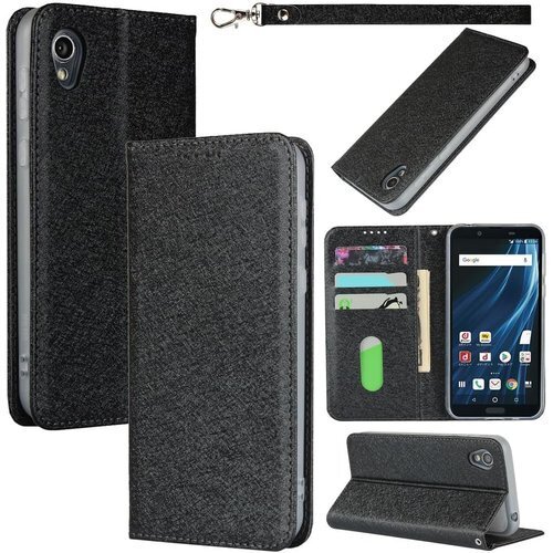 aquos sense2 sh-01l shv43 s カードスロット、キックスタンド 蚕糸紋レザー ブラック 2623