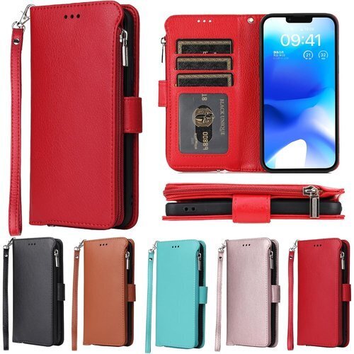 Eastwave アイフォン 15 ケース iPhon 銭入れ ファスナーポケット付き PUレザー 5色 レッド 2810