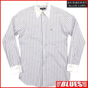 即決★BURBERRY BLACK LABEL★メンズ M 廃版 ストライプ シャツ バーバリーブラックレーベル 青 38 三陽商会 刺繍 長袖