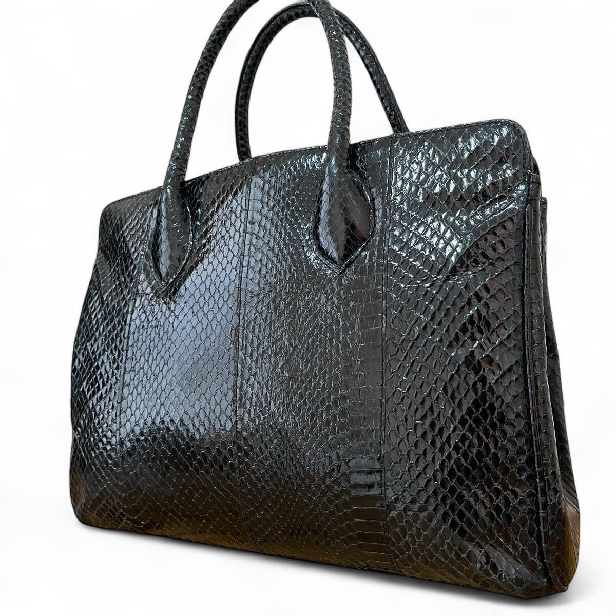 メンズ　ハンドバッグ　ビジネス　パイソン型押し　ブラック　黒　光沢感　通勤　通学