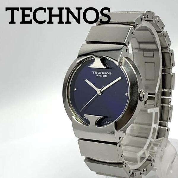 348 稼働品 TECHNOS メンズ 腕時計 テクノス ブルー シルバー SWISS MADE 美品 新品電池交換済 クオーツ式 人気 希少 ビンテージ