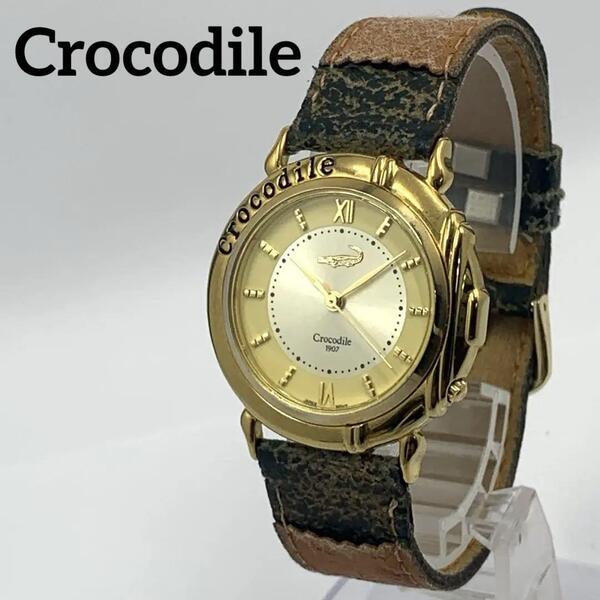 363 稼働品 Crocodile クロコダイル メンズ 腕時計 ゴールド 新品電池交換済 クオーツ式 人気 希少 ビンテージ